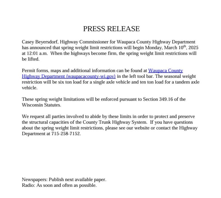 2025 Press Release – Spring Weight Limits